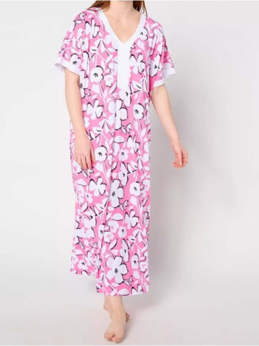 Women's pink  Floral Nightgown with White Trim